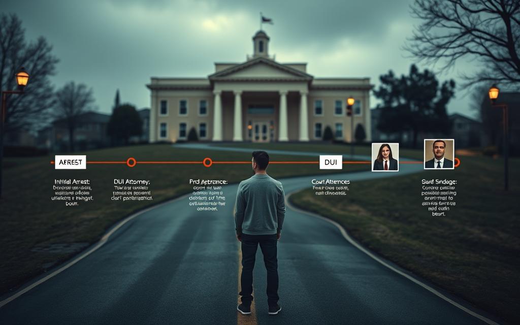 A Detailed Timeline Illustrating The Legal Process For A Dui Charge, Set Against A Backdrop Of A Courthouse Facade And A Winding Road Leading To It. The Foreground Features A Person Navigating The Steps, From Initial Arrest, Through Booking, Court Appearances, And Potential Sentencing. The Middle Ground Showcases The Legal Professionals Involved, Such As A Dui Attorney, Prosecutor, And Judge. The Background Incorporates Subtle Cues Like Street Lamps, Traffic Signals, And A Sense Of Urgency. Soft, Moody Lighting Creates An Atmosphere Of Seriousness And Gravity, As The Person Faces The Challenges Of The Dui Legal System.